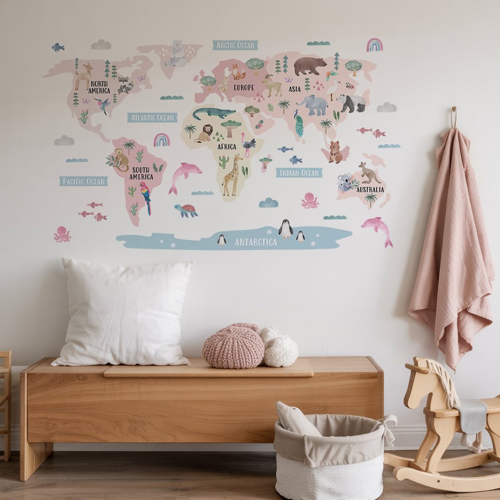 Animal World Map Nursery Wall Sticker - Blush - Nursery Stickers