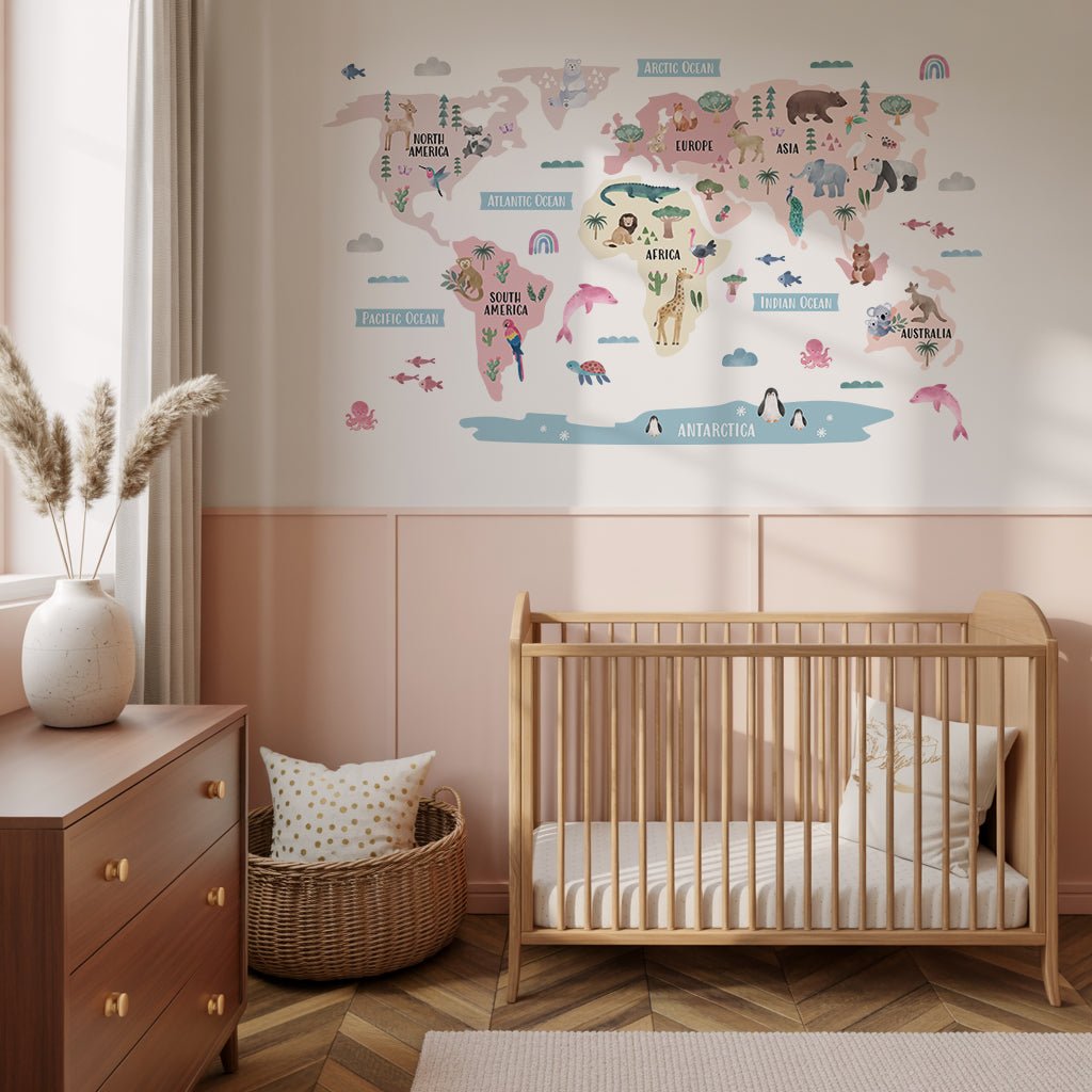 Animal World Map Nursery Wall Sticker - Blush - Nursery Stickers