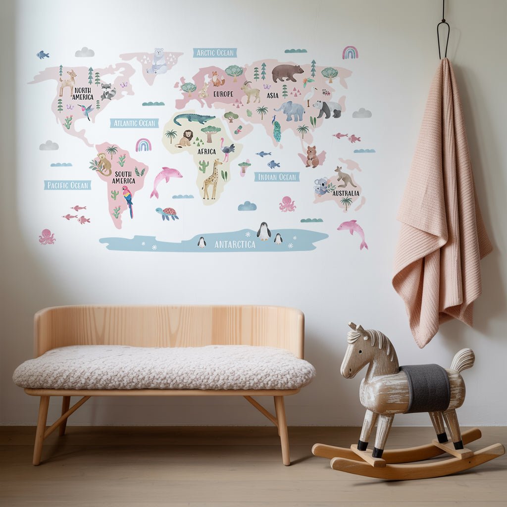 Animal World Map Nursery Wall Sticker - Blush - Nursery Stickers