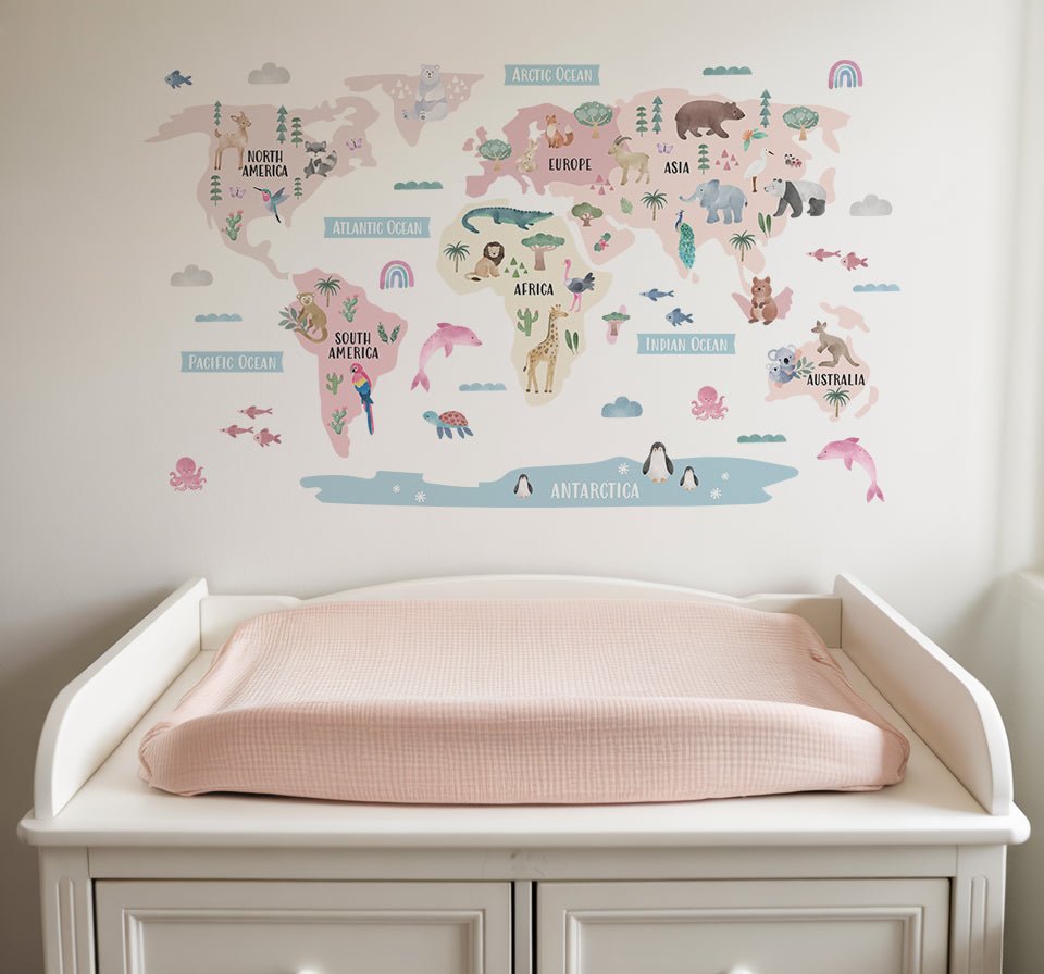 Animal World Map Nursery Wall Sticker - Blush - Nursery Stickers