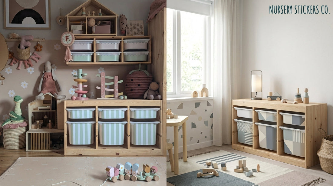 Compare cottage-style decals to modern patterns for drawers?