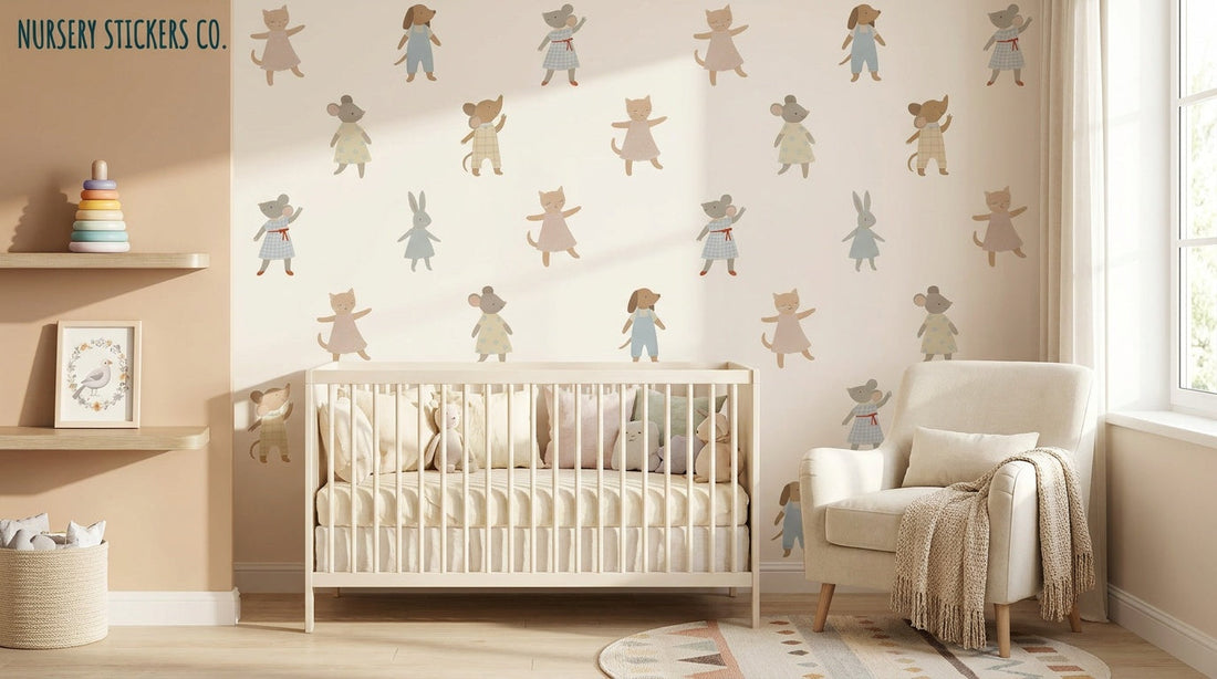 Dancing pup stickers vs traditional wallpaper for nurseries.