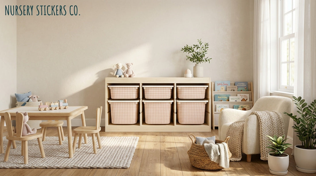 Recommended check designs for kids' playroom storage.