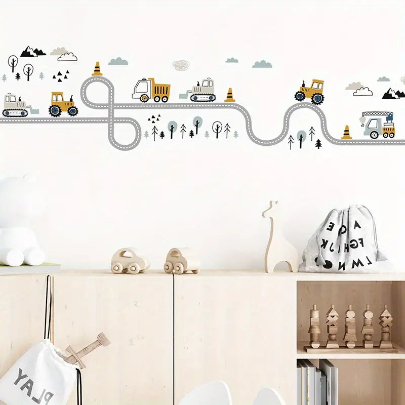 Truck, Tractor and Digger On The Road Nursery Wall Stickers