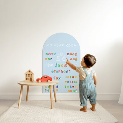 Nursery wall featuring removable magnetic arch chalkboard sticker with soft pastel colors, easy to reposition and reuse