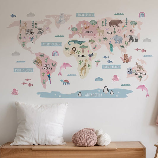 Animal World Map Nursery Wall Sticker - Blush