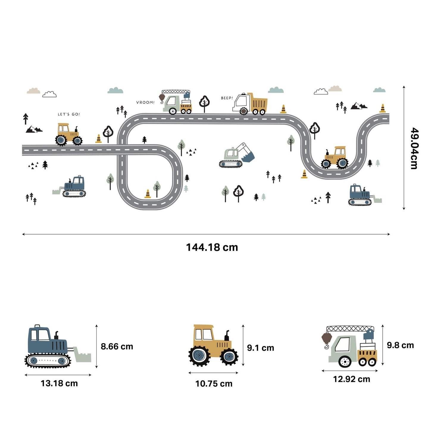 Truck, Tractor and Digger On The Road Nursery Wall Stickers - Nursery Stickers