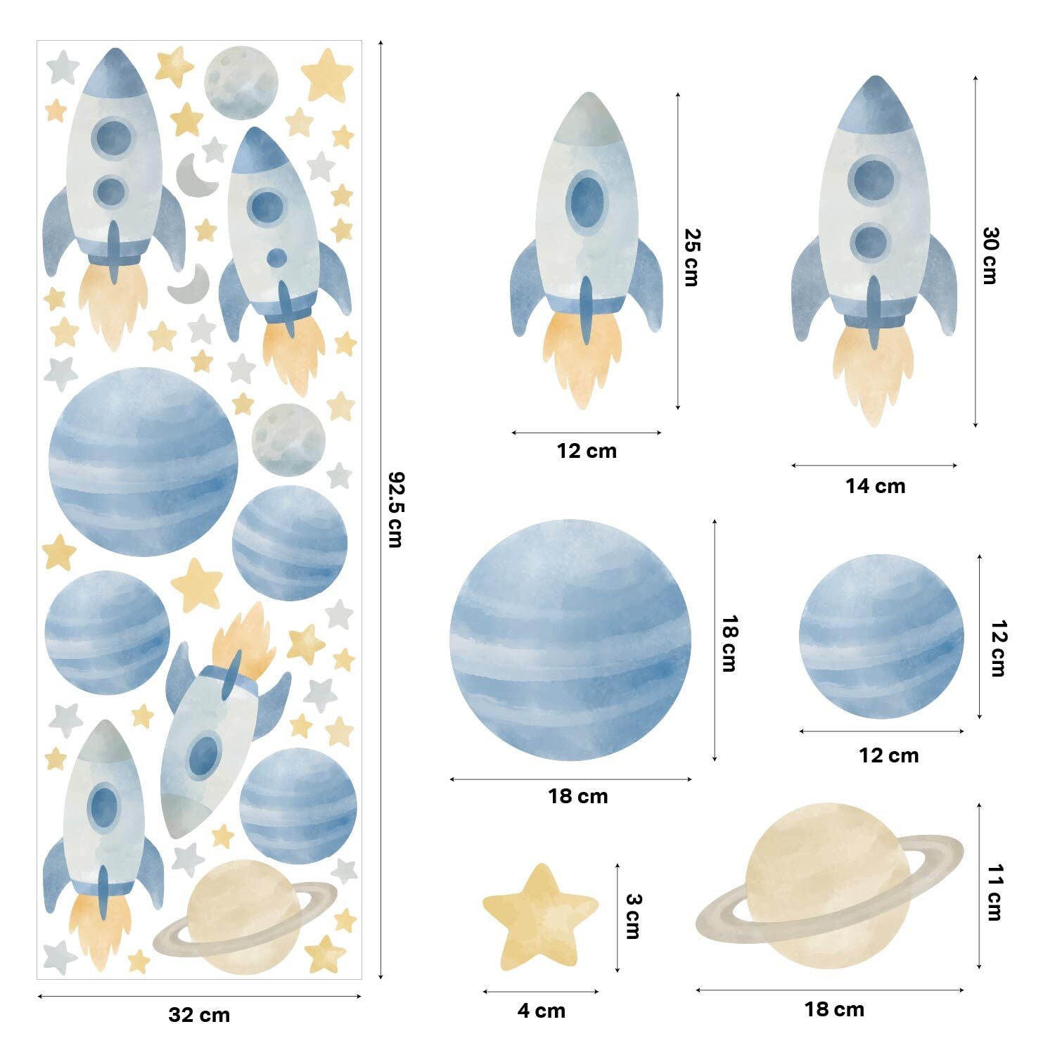 Watercolour Space Rocket Nursery Wall Stickers - Nursery Stickers