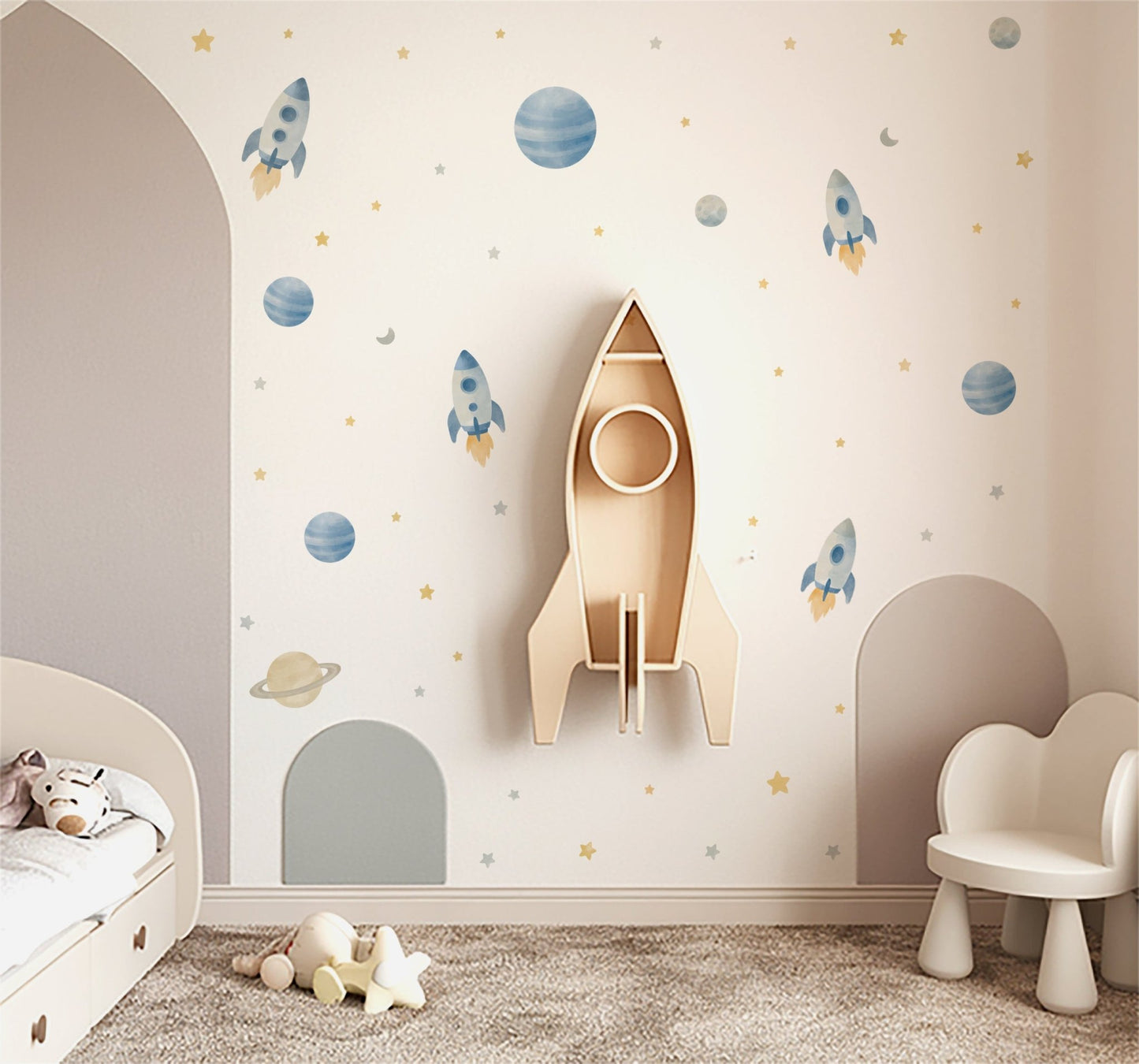 Watercolour Space Rocket Nursery Wall Stickers - Nursery Stickers