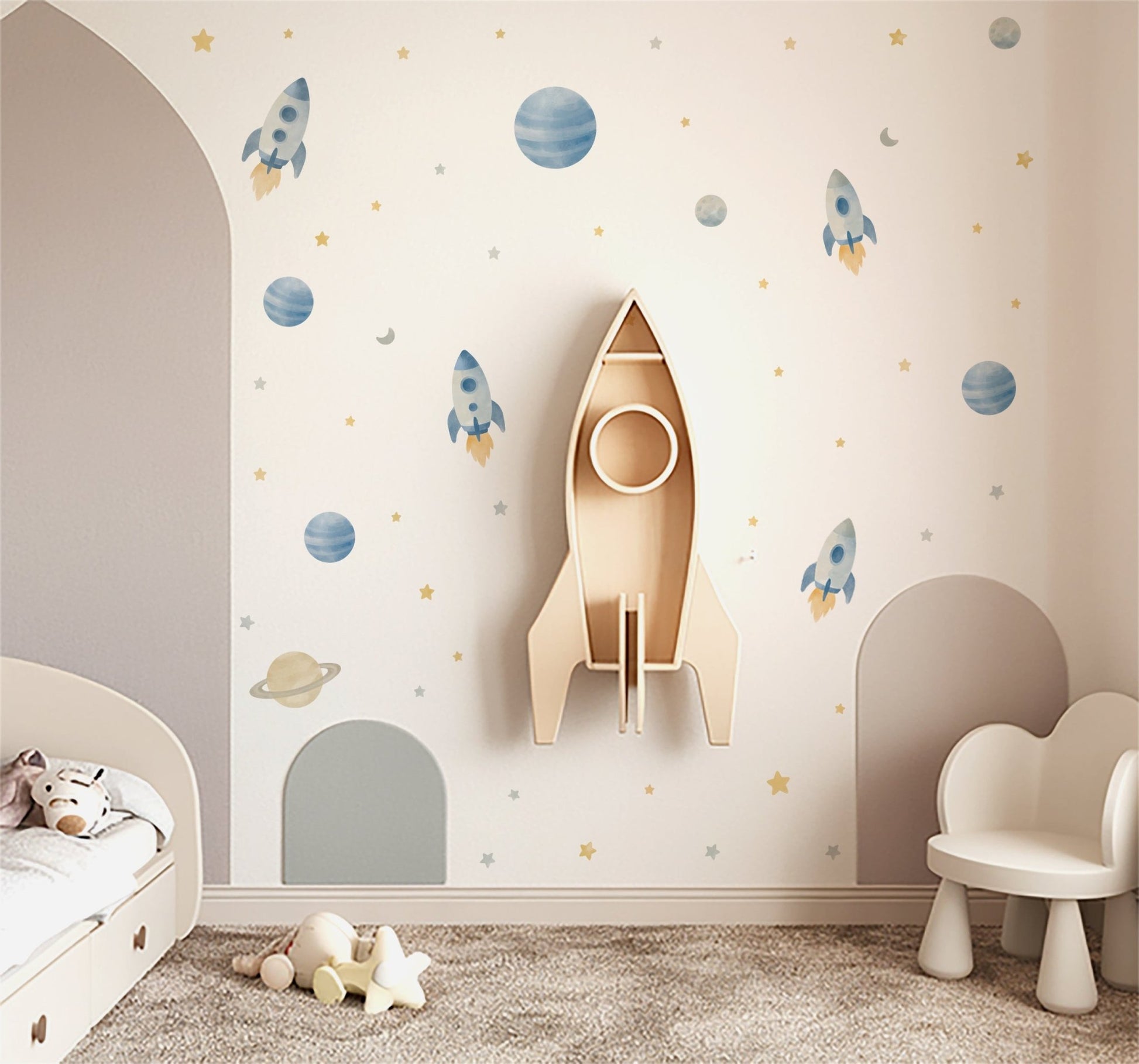 Watercolour Space Rocket Nursery Wall Stickers - Nursery Stickers