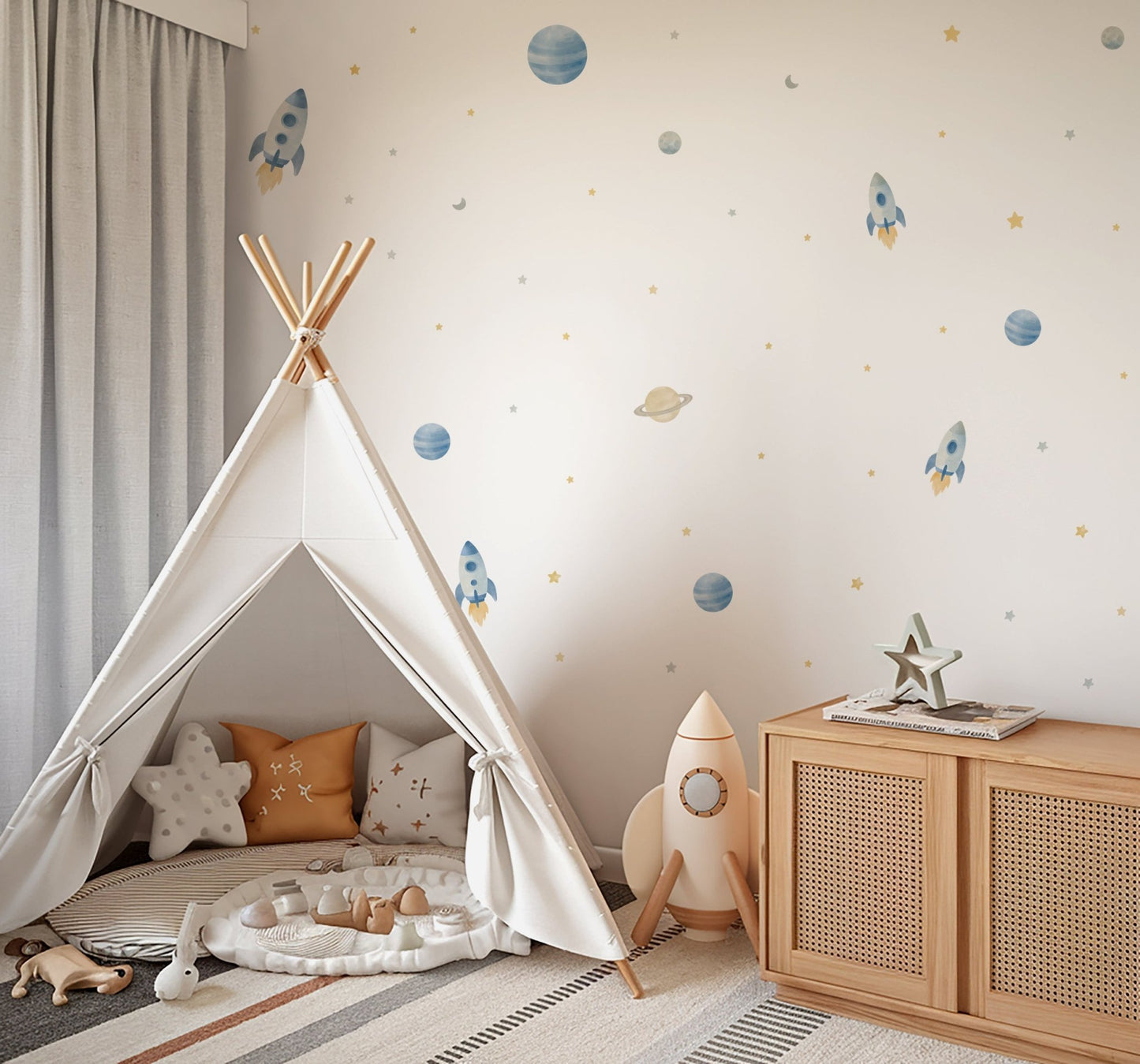 Watercolour Space Rocket Nursery Wall Stickers - Nursery Stickers